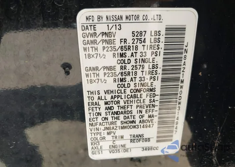 2013 Nissan Murano Sv from USA, damaged, VIN JN8AZ1MW0DW314947